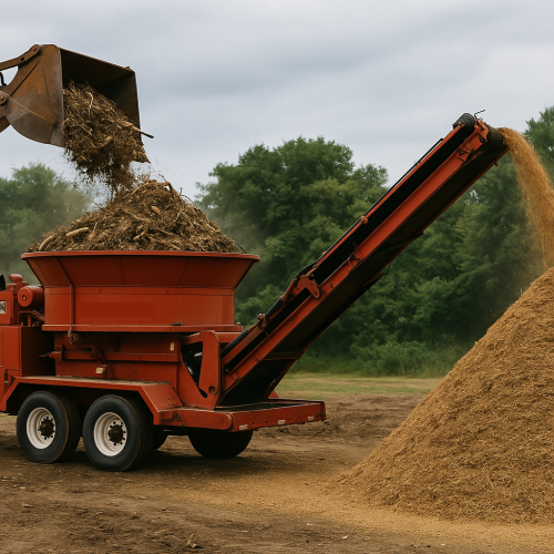 Red agricultural machine unloading material